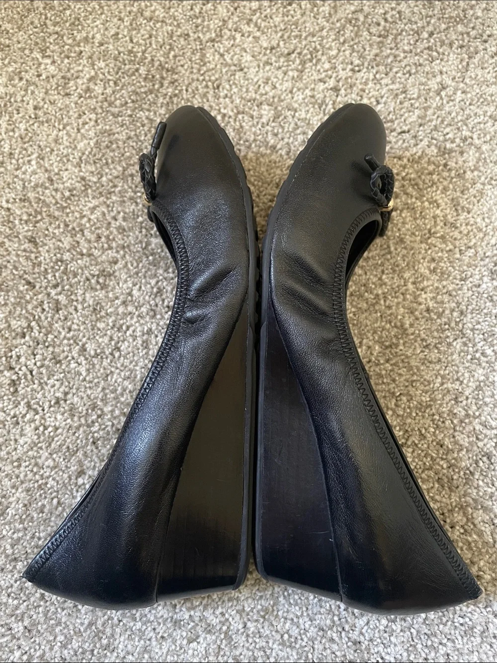 Cole Haan Tali Grand Wedge Sz 9 Black Leather Ballet Flats Braided Bow 1.5” heel